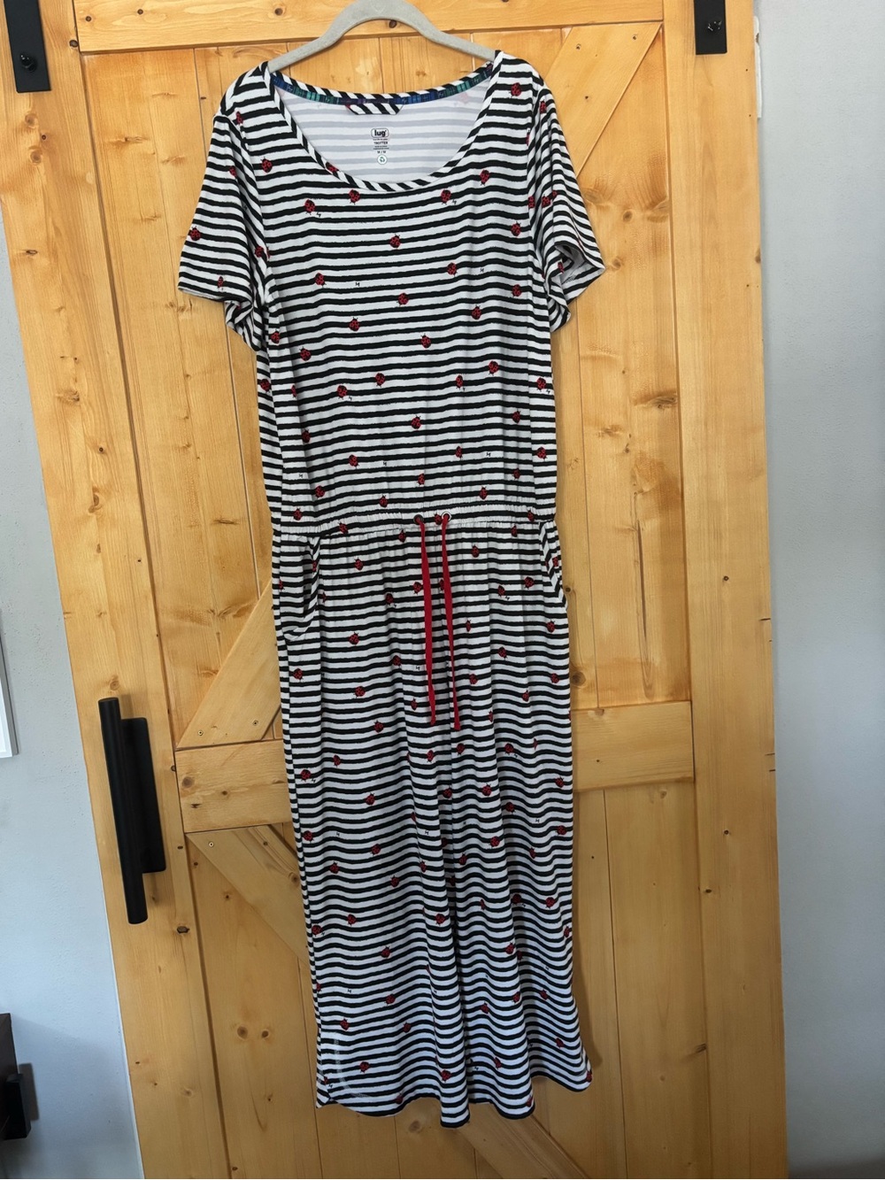 Lug Trotter “Ladybug Lane” Jumpsuit Medium Black White Striped Wide Leg Pockets
